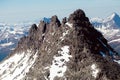Glacier mountain peaks. Northern landscape. View from helicopter flight altitude