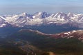 Glacier mountain peaks. Northern landscape. View from helicopter flight altitude