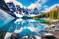 Glacier National Park, Montana, USA. Reflection of mountains and lake, Moraine lake panorama in Banff National Park, Alberta,