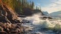 Photorealistic Beach Scene With Crashing Waves And Pine Trees Royalty Free Stock Photo