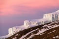 Glacier on the slope at sunrise at Kilimanjaro. Pink morning light Royalty Free Stock Photo