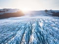 Glacier surface details viewed from above with crevasses and seracs, drone aerial view of VatnajÃÂ¶kull in Iceland, largest