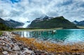 Glacier on the viewing platform. Svartisen Glacier in Norway. Royalty Free Stock Photo