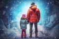 Glacier winter child father clothes. Generate Ai