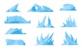 Glaciers. Icebergs, ice mountains and compressed snow, freezing ocean landscape and melting sea rock. Vector iceberg set