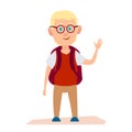 Glad Albino Boy with Glasses and Knapsack on Back