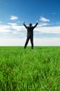 Glad businessman standing at the green grass Royalty Free Stock Photo