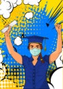 Glad Girl wearing graduation cap and face mask, holding a college degree in her hand and cheering.
