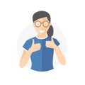 Glad, joyful, cheerful pretty girl in glasses. Flat design icon of woman with thumbs up. Simply editable isolated on white vector