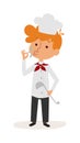 Glad little boy chef standing cute young dressed clothes holding scoop, doing ok sign vector. Royalty Free Stock Photo