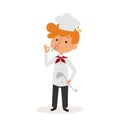 Glad little boy chefcute young dressed cook scoop on white background vector profession character person uniform worker Royalty Free Stock Photo