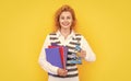 glad school biology teacher woman at studio. photo of school biology teacher woman hold microscope. Royalty Free Stock Photo