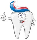 Glad strong cheerful cartoon tooth character with toothpaste.