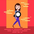 Glad woman character holding navigation pointer template for design work or animation orange background full length flat