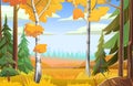 A glade with birches and pines. Autumn landscape. Beautiful bright rural scene with orange and yellow grass and plants Royalty Free Stock Photo