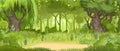 Glade in the green summer forest. Willows and oaks in the grass. Flat cartoon style. Rural landscape with dense thickets