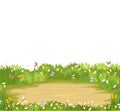Glade. Place in a meadow with wildflowers, butterfly. Beautiful green rural landscape. Isolated. Cartoon style. Flat