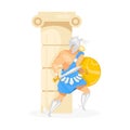 Gladiator behind column flat vector illustration