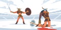 Gladiator defeated the legendary giant fighter. Vector isolated illustration. Flat cartoon style