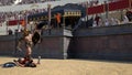 A gladiator fight at the Colosseum, Rome. A 3D rendering.
