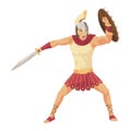 Gladiator fighting. Warrior ancient roman armored warrior. Ancient history combat show for audience. Cartoon vector