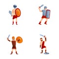 Gladiator icons set cartoon . Roman soldier in armor and weapon