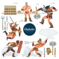 The Gladiator. Set in ancient Rome illustration historic gladiator, warriors flat characters. Warriors, sword, armor