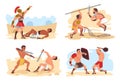 Gladiators fight scenes. Ancient Roman warriors. People in armor. Muscular legionnaires in battlefield. Colosseum war