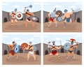 Gladiators, legionnaires or spartan warriors with weapons in fight.