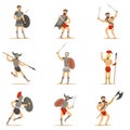 Gladiators Of Roman Empire Era In Historical Armor With Swords And Other Weapons Fighting On Arena Set Of Cartoon Royalty Free Stock Photo