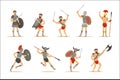 Gladiators Of Roman Empire Era In Historical Armor With Swords And Other Weapons Fighting On Arena Set Of Cartoon