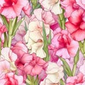 Gladioluses Closeup, Background . Seamless Background. Generative AI