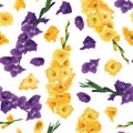 Gladioluses seamless vector pattern isolated, sword lily flowers. Branches and flowers. Yellow, purple, violet. Floral