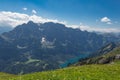 Glaernisch mountain, blue sky, lake Kloental in Switzerland Royalty Free Stock Photo