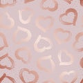 Glam seamless pattern. Repeated heart patterns. Rose gold marble. Repeating beauty hearts. Pink background. Elegant girly texture