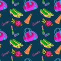 Glamor accessories, bowling type bag, lipstick, perfume, leather court shoes, rose, bright neon pink, green, yellow colors