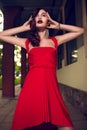 Glamor closeup portrait of beautiful stylish brunette Caucasian young woman model with bright makeup, with red dark lips, in Royalty Free Stock Photo