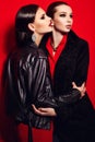 Glamor closeup portrait of two beautiful stylish brunettes Caucasian young women models in black jacket with bright makeup, Royalty Free Stock Photo