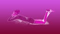 Glamor girl in profile lies on the sofa with her legs raised against a pink background