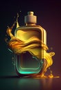 Glamor perfume or shampoo bottle with glowing light effect or amber, golden liquid splash. Abstract futuristic beauty product