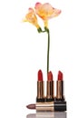 Glamor red shiny lipstick and yellow flower Royalty Free Stock Photo