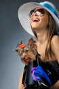 Glamor woman with Yorkshire Terrier Royalty Free Stock Photo