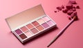 A glamorous beauty collection eyeshadow palette, pink lipstick, shiny mascara generated by AI