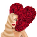 Glamorous Blonde Woman Fashion Model with Long Permed Hairstyle, Red Lips Makeup and Heart of Red Rose Flower