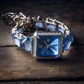 Glamorous Blue Watch With Diamond Chain On Wooden Table