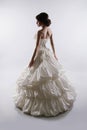 Glamorous bride woman in magnificent wedding dress isolated on g