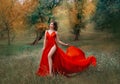 Glamorous brunette woman in red scarlett dress very high sexy slit on her leg. Royalty Free Stock Photo