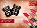 Glamorous colorful lipstick and eyeshadow set on the sparkling