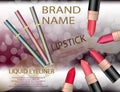 Glamorous colorful lipstick set and liquid eyeliner on the spar