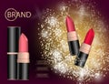 Glamorous colorful lipstick set on the sparkling effects backgr
